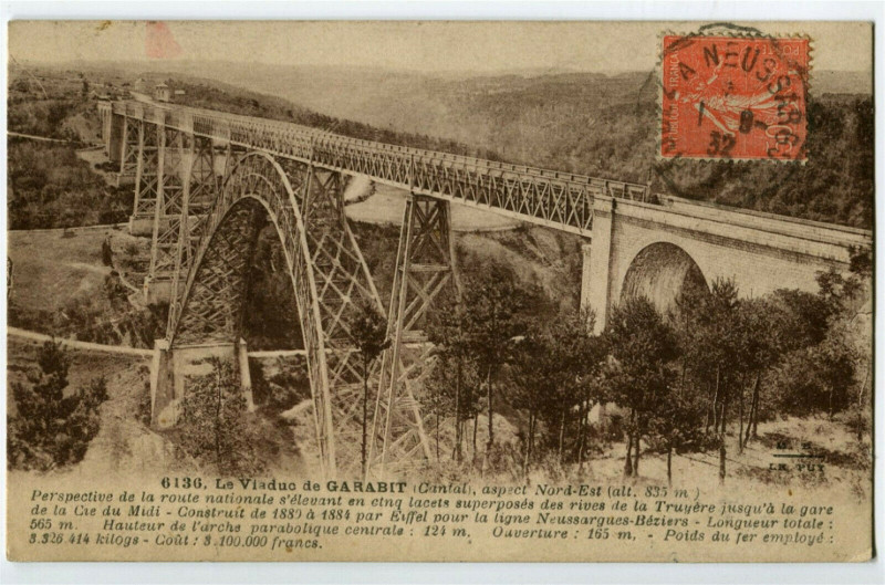 Carte postale ancienne Cantal Le Viaduc de Garabit aspect Nord-Est