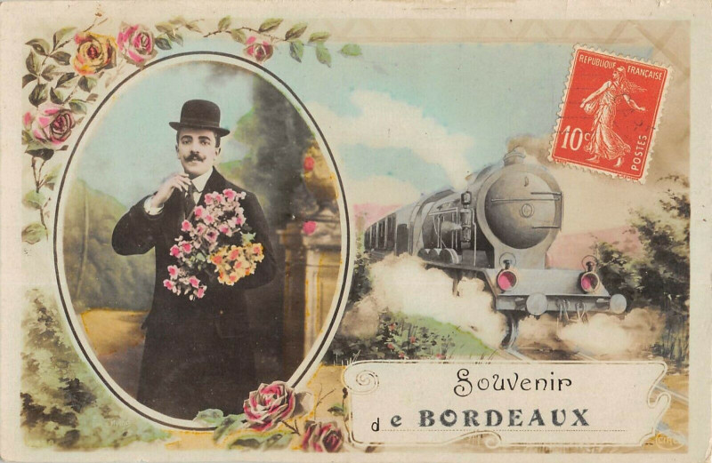 Carte postale ancienne Un Souvenir De Bordeaux Avec Le Train Homme Chapeau Melon à Bordeaux