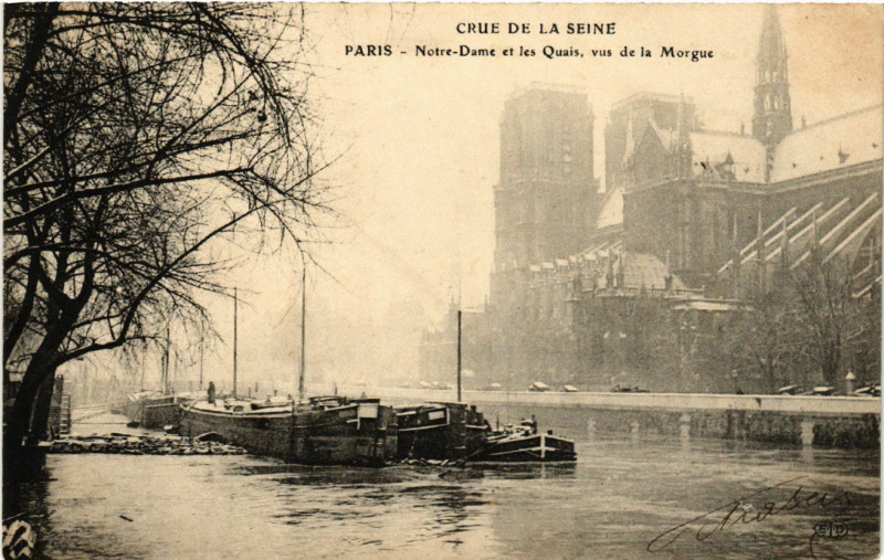 Carte postale ancienne Paris 4e Crue de la Seine. N. D. et les Quais, vus de la Morgue à Paris 4e