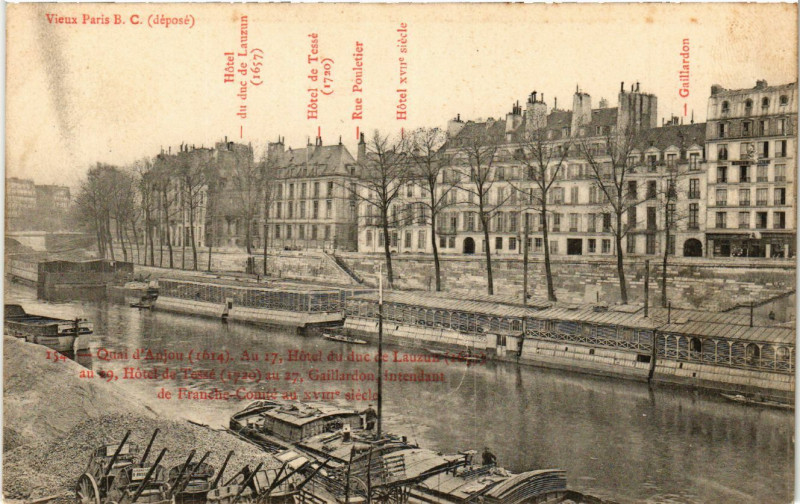 Carte postale ancienne Vieux Paris 4e quai d'Anjou. Hotel Lauzun, de Tesse, Gaillardon à Paris 4e