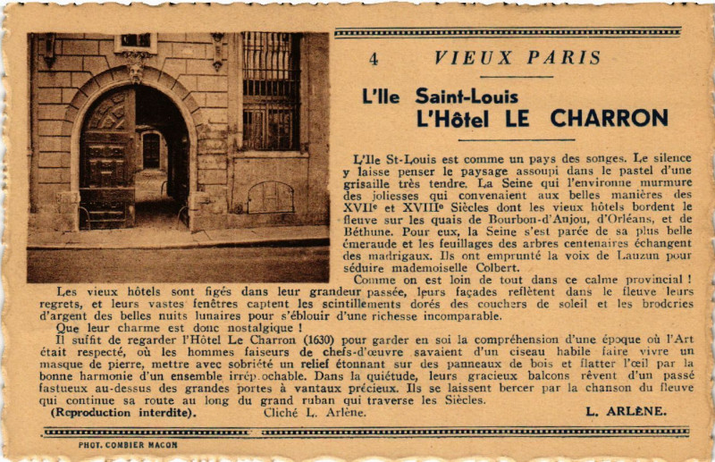 Carte postale ancienne Vieux Paris 4e l'Ile Saint-Louis. L'Hotel de Charron à Paris 4e
