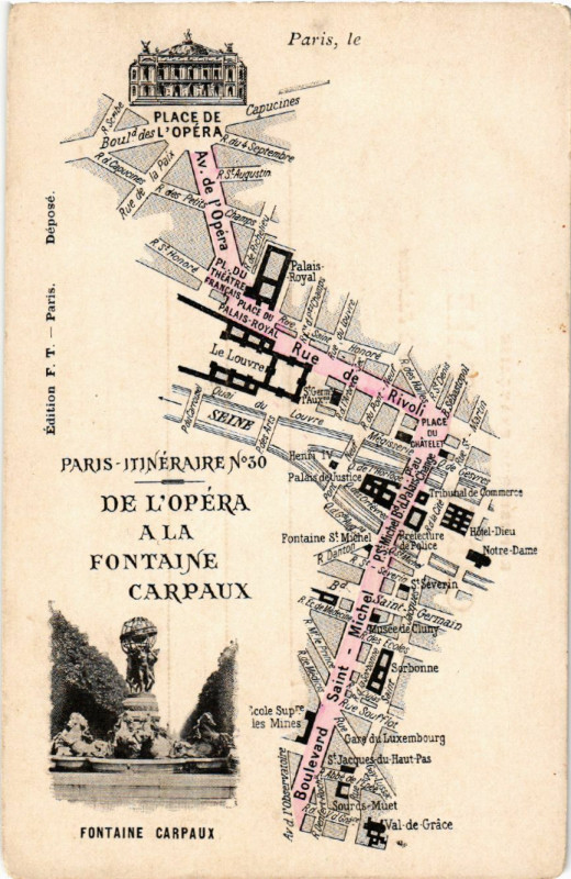 Carte postale ancienne Itineraire 4e de l'Opera a la Fontaine Carpaux. Carte map