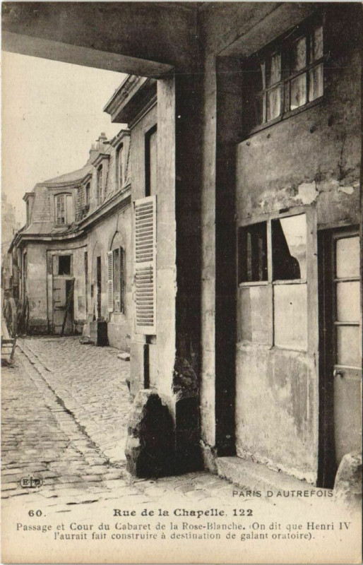 Carte postale ancienne Rue de la Chapelle, 122 - Passage et Cour du Cabaret de la Rose-Blanche à Paris 18e