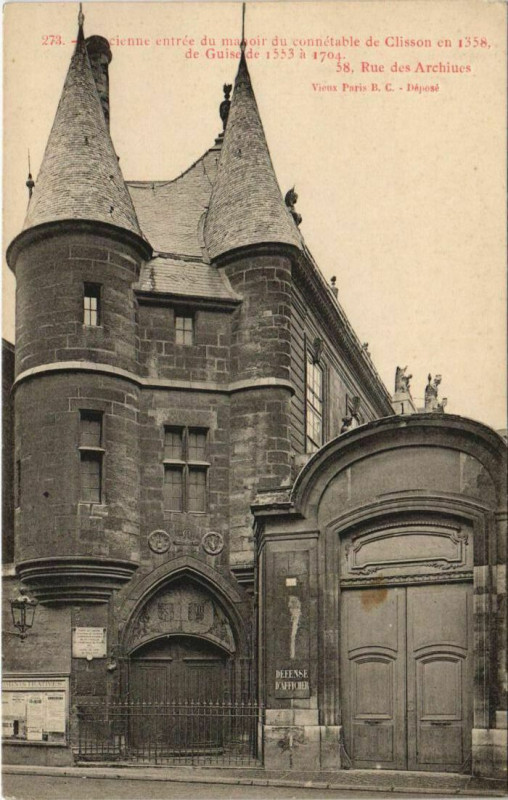 Carte postale ancienne Paris 3e 58, rue des Archives hotel de Clisson à Paris 3e
