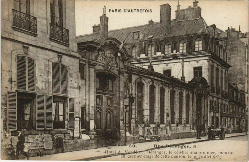 Carte postale ancienne Paris 3e 5, rue Béranger Hotel de Vendome à Paris 3e