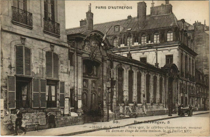 Carte postale ancienne Paris 3e 5, Rue Béranger Hotel de Vendome à Paris 3e