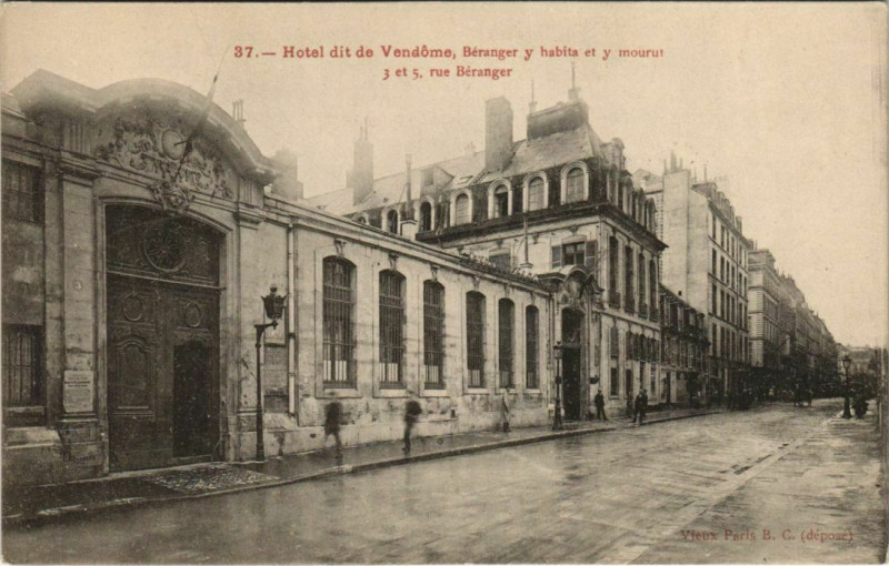 Carte postale ancienne Paris 3e 5, rue Béranger Hotel de Vendome à Paris 3e