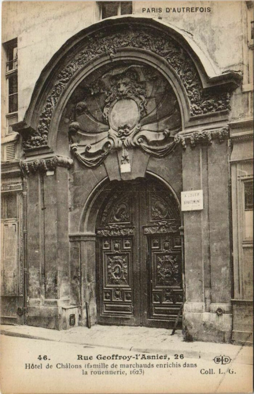 Carte postale ancienne Paris 4e 26, Rue geoffroy-l'Asnier hotel de Chalons à Paris 4e