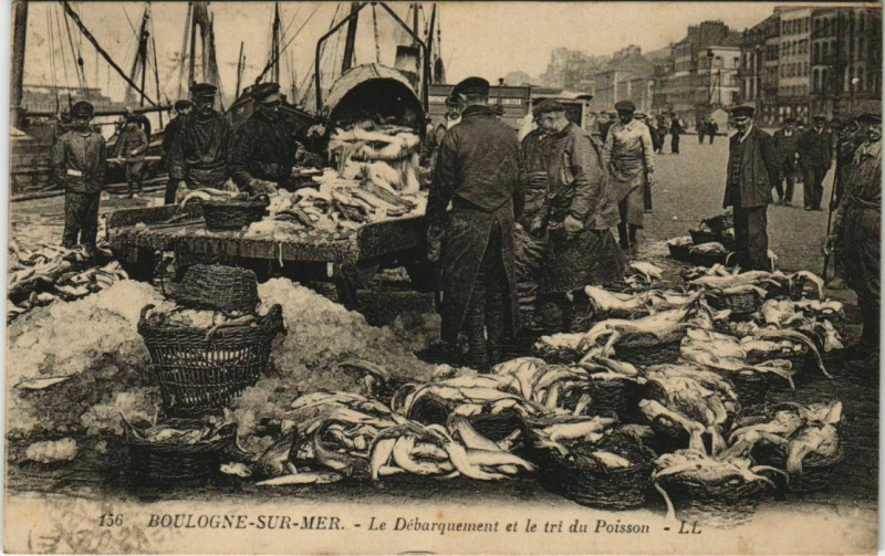 Carte postale ancienne Boulogne-Sur-Mer Débarquement et le tri du Poisson à Boulogne-sur-Mer
