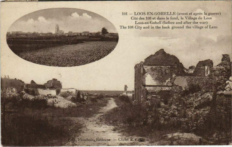 Carte postale ancienne Guerre Loos-En-Gohelle avant et apres le bombardement à Loos-en-Gohelle