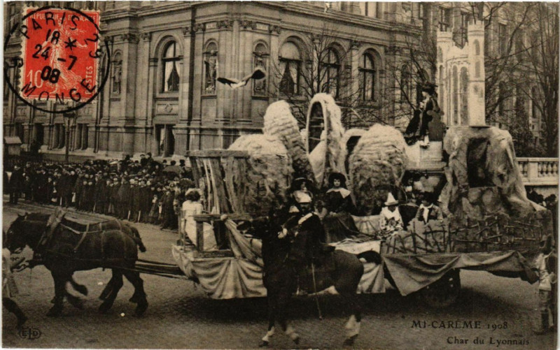 Carte postale ancienne Mi Careme 1908 - Char du LYONnais à Lyon