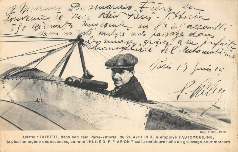 Carte postale ancienne Aviation Aviateur Gilbert Dans Son Raid Paris Vittoria Du 24 Avril 1913