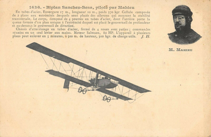 Carte postale ancienne Aviation Biplan Sanchez Besa Pilote Par Mahieu