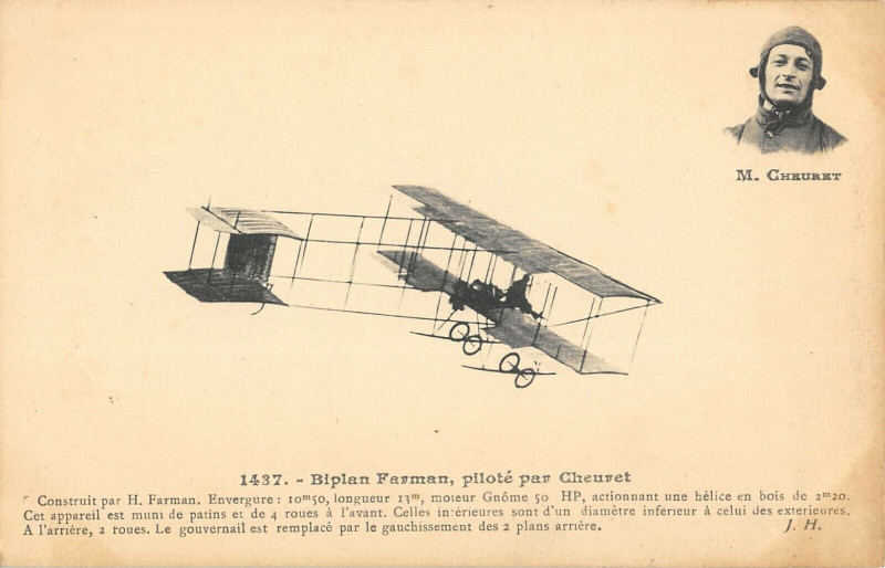 Carte postale ancienne Aviation Biplan Farman Pilote Par Cheuret