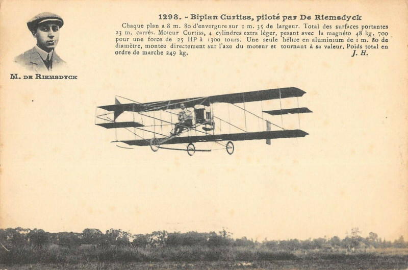 Carte postale ancienne Aviation Biplan Curtiss Pilote Par De Riemsdyck
