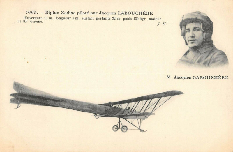 Carte postale ancienne Aviation Biplan Zodiac Pilote Par Jacques Labouchere