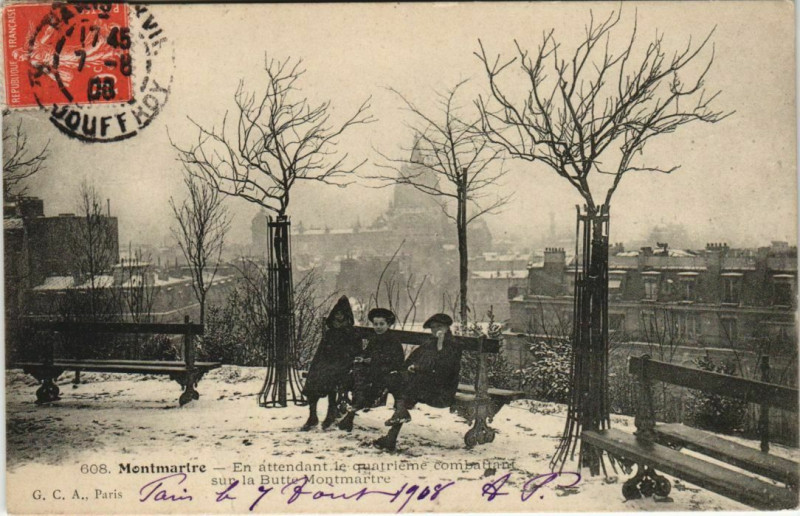 Carte postale ancienne Montmartre - En attendant le quatrième combattant sur la Butte Montmartre à Paris 18e