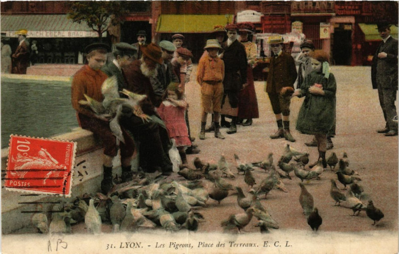 Carte postale ancienne Lyon Les pigeons Place des Terreaux à Lyon