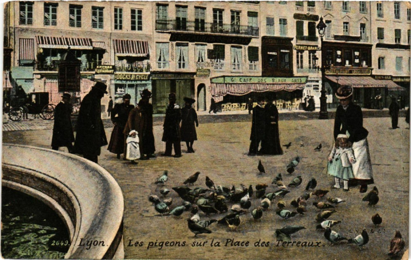 Carte postale ancienne Lyon Les pigeons sur la Place des Terreaux à Lyon