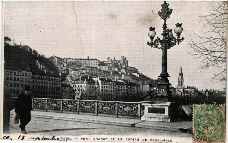 Carte postale ancienne Lyon Pont d'Ainay et le Couteau de Fourviere à Lyon