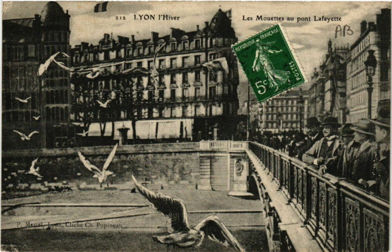 Carte postale ancienne Lyon l'Hiver Les Mouettes au Pont Lafayette à Lyon