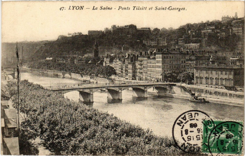 Carte postale ancienne Lyon La Saone Ponts Tilsitt et Saint-Georges à Lyon