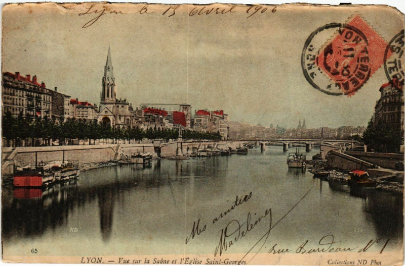 Carte postale ancienne Lyon Vue sur la Saone et l'Eglise Saint-Georges à Lyon