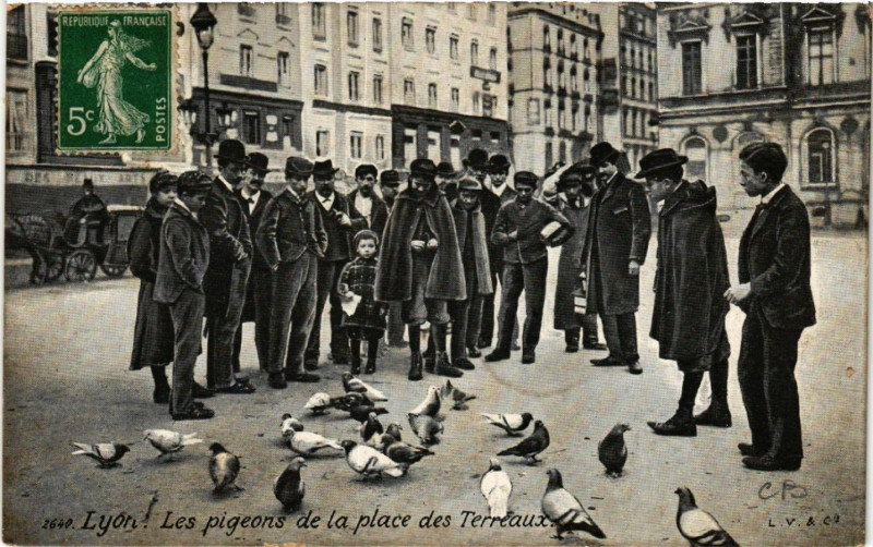 Carte postale ancienne Lyon Les pigeons de la place des Terreaux à Lyon