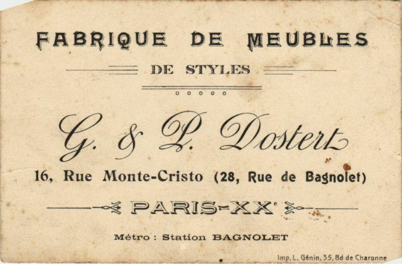 Carte postale ancienne Fabrique de meubles de styles - G. & P. Dostert à Paris 20e