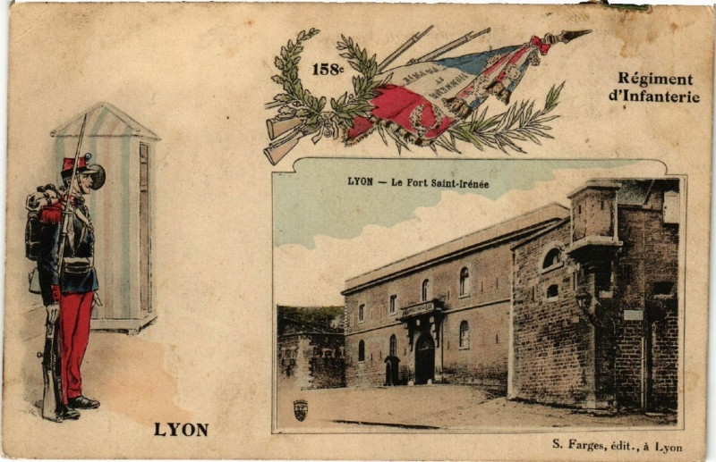 Carte postale ancienne Lyon 158e Regiement d'Infaterie Le Fort Saint-Irenee à Lyon