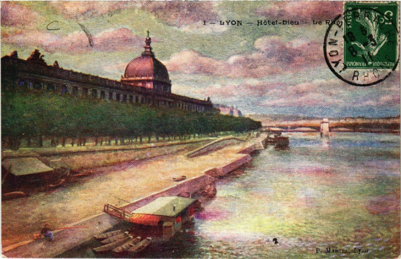 Carte postale ancienne Lyon Hotel Dieu Le Rhone à Lyon