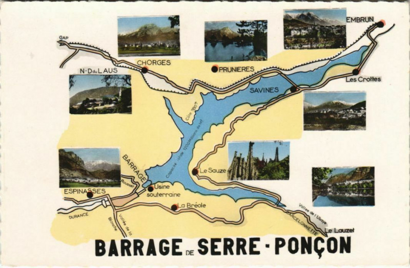 Carte postale ancienne Serre-Poncon - Le Barrage de Serre-Poncon sur la Durance - Map
