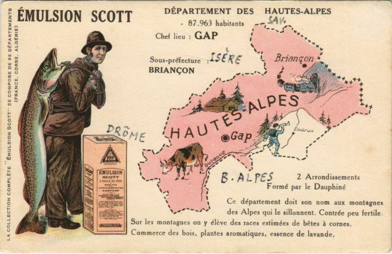 Carte postale ancienne Departement desd Hautes-Alpes - Map