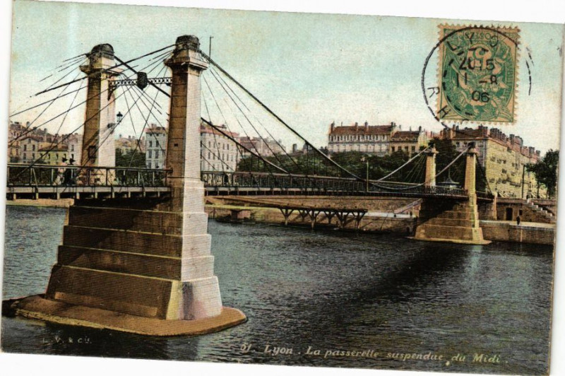Carte postale ancienne Ed. Aqua 61 Lyon La Passerelle suspendue du Midi7 à Lyon