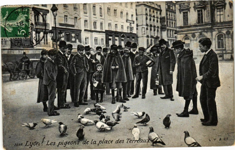 Carte postale ancienne Lyon-Les pigeons de la place des Terreaux à Lyon