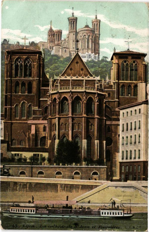 Carte postale ancienne Lyon-La Cathedrale Saint-Jean et FOURVIEREs à Lyon