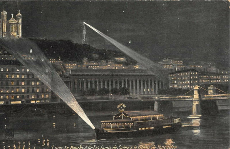 Carte postale ancienne Lyon La Mouche D'Or Les Quais De Saone Nocturne à Lyon