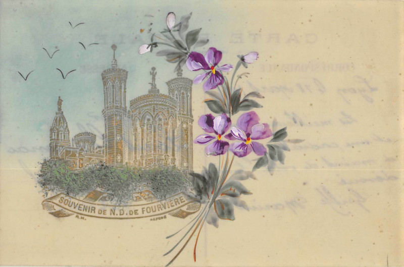 Carte postale ancienne Lyon Jolie Cpa En Celluloid Souvenir De N.d.de Fourviere Peinte A La Main à Lyon