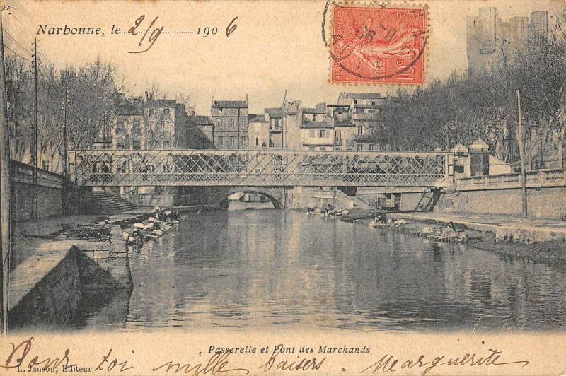 Carte postale ancienne Narbonne Passerelle Et Pont Des Marchands à Narbonne