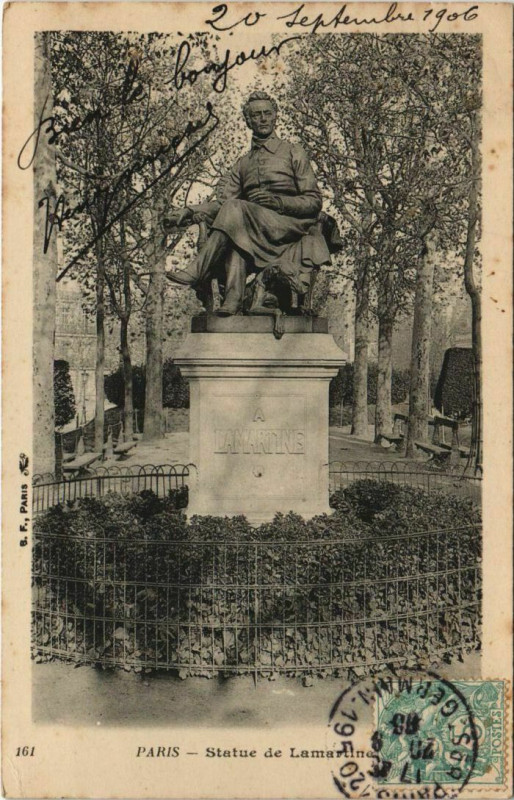 Carte postale ancienne Statue de Lamartine à Paris 16e