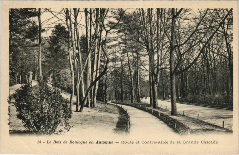 Carte postale ancienne Le Bois de Boulogne en Automne - Route et Contre-Allée de la Grande Cascade à Paris 16e