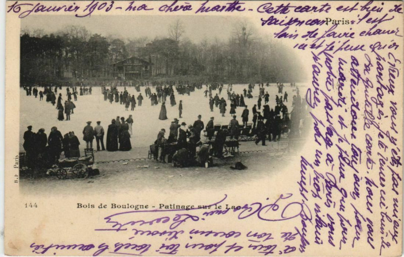 Carte postale ancienne Bois de Boulogne - Patinage sur le Lac à Paris