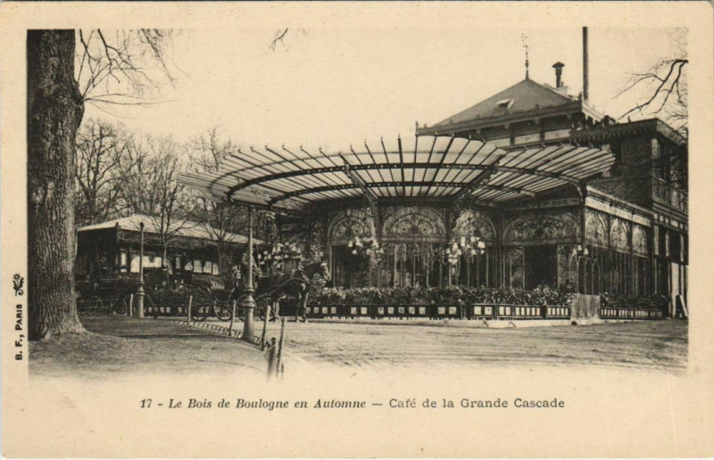 Carte postale ancienne Le Bois de Boulogne en Automne - Café de la Grande Cascade à Paris 16e