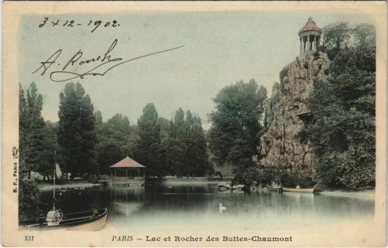 Carte postale ancienne Lac et Rocher des Buttes-Chaumont à Paris 19e