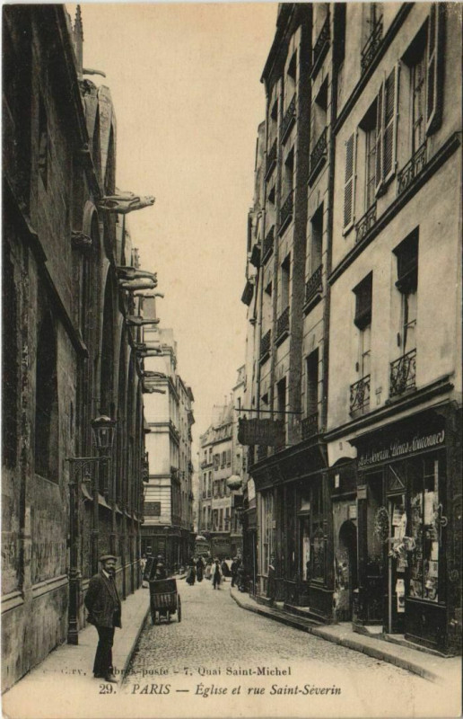 Carte postale ancienne Paris 5e Eglise et Rue Saint-Séverin à Paris 5e