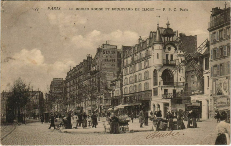Carte postale ancienne Le Moulin Rouge et le Boulevard de Clichy à Paris 9e