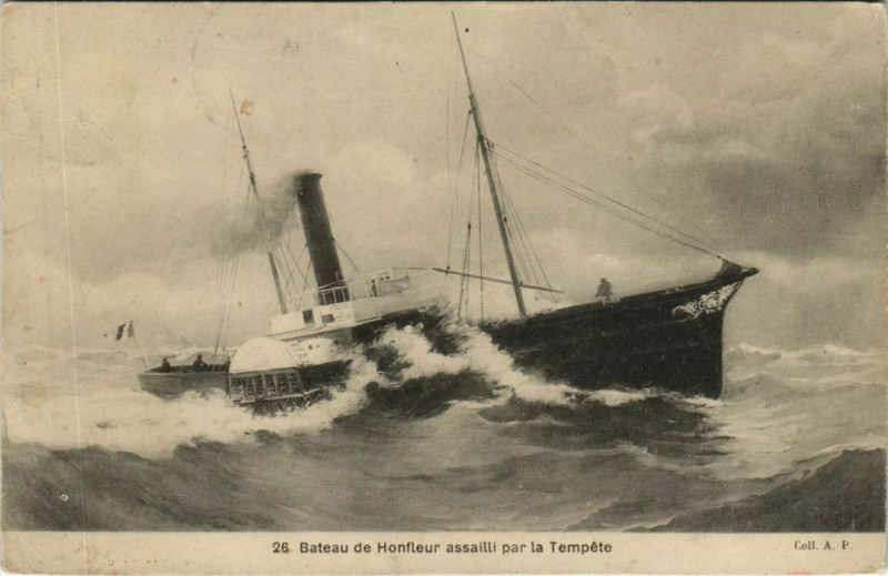 Carte postale ancienne Bateau de Honfleur Assailli par la Tempete Ships