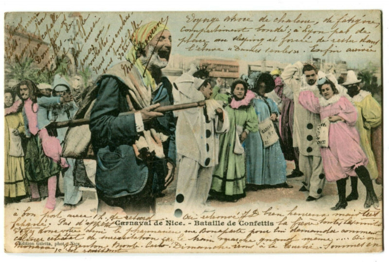Carte postale ancienne Alpes Maritimes Nice Carnaval Bataille de confettis animé à Nice