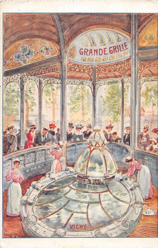 Carte postale ancienne Vichy Cpa Illustrateur Source De La Grande Grille à Vichy