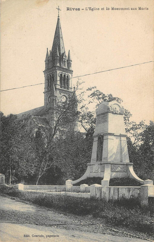 Carte postale ancienne Rives Eglise Et Monument Aux Morts à Rives
